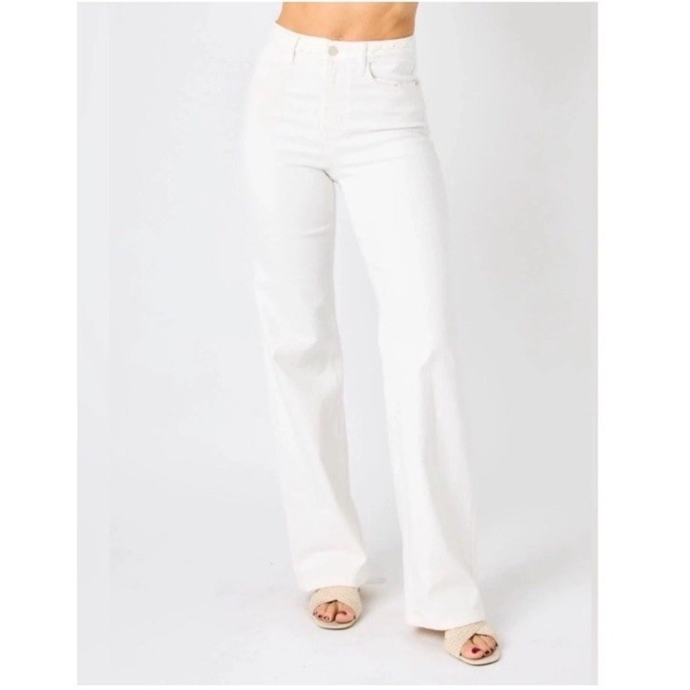 Judy Blue White High Waist Wide Leg Braided Waistband Raw Hem Jean JB88781 11/30